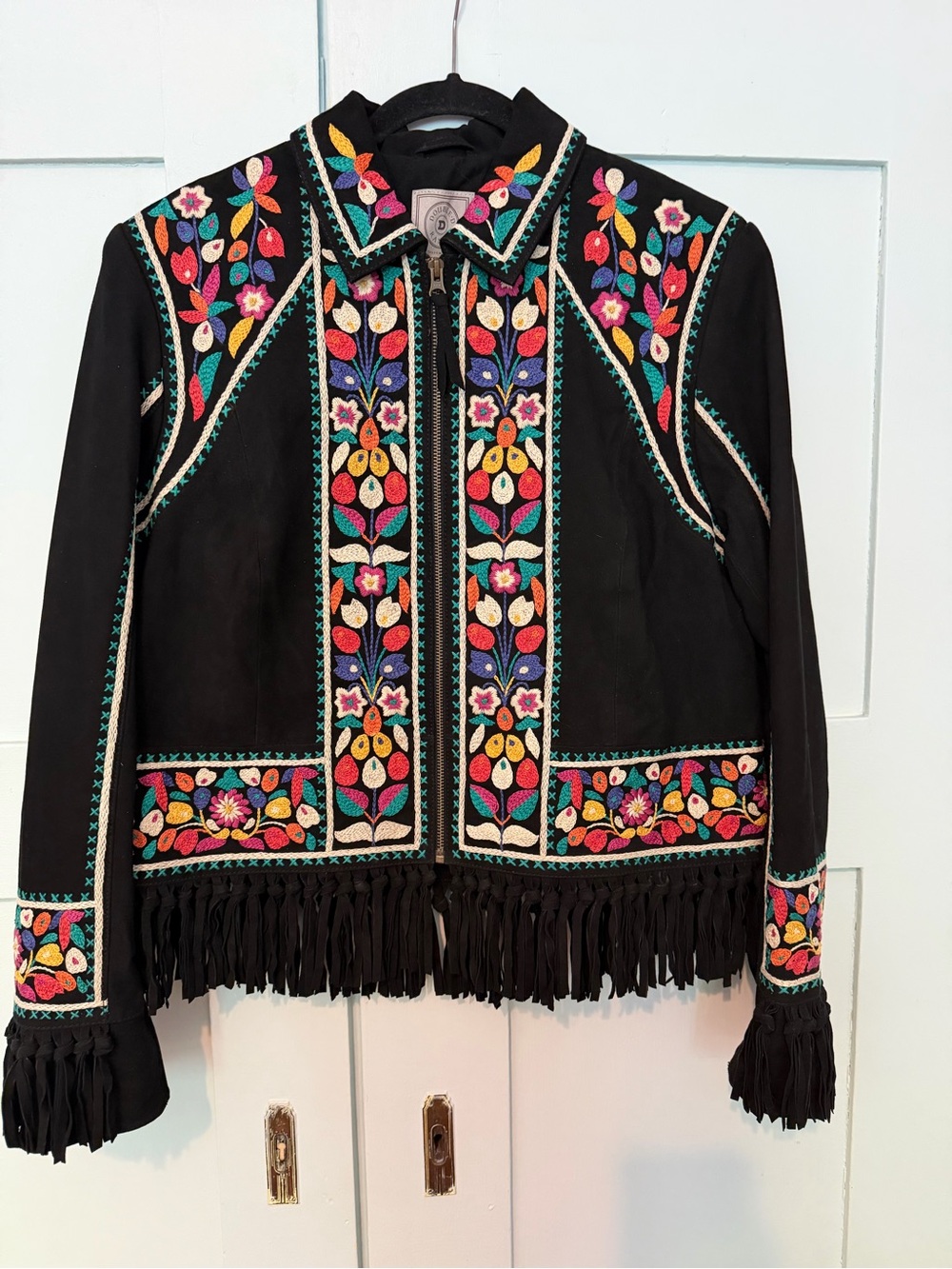 Double D Ranch Black Leather Jacket with Colorful Floral Embroidery and Fringe